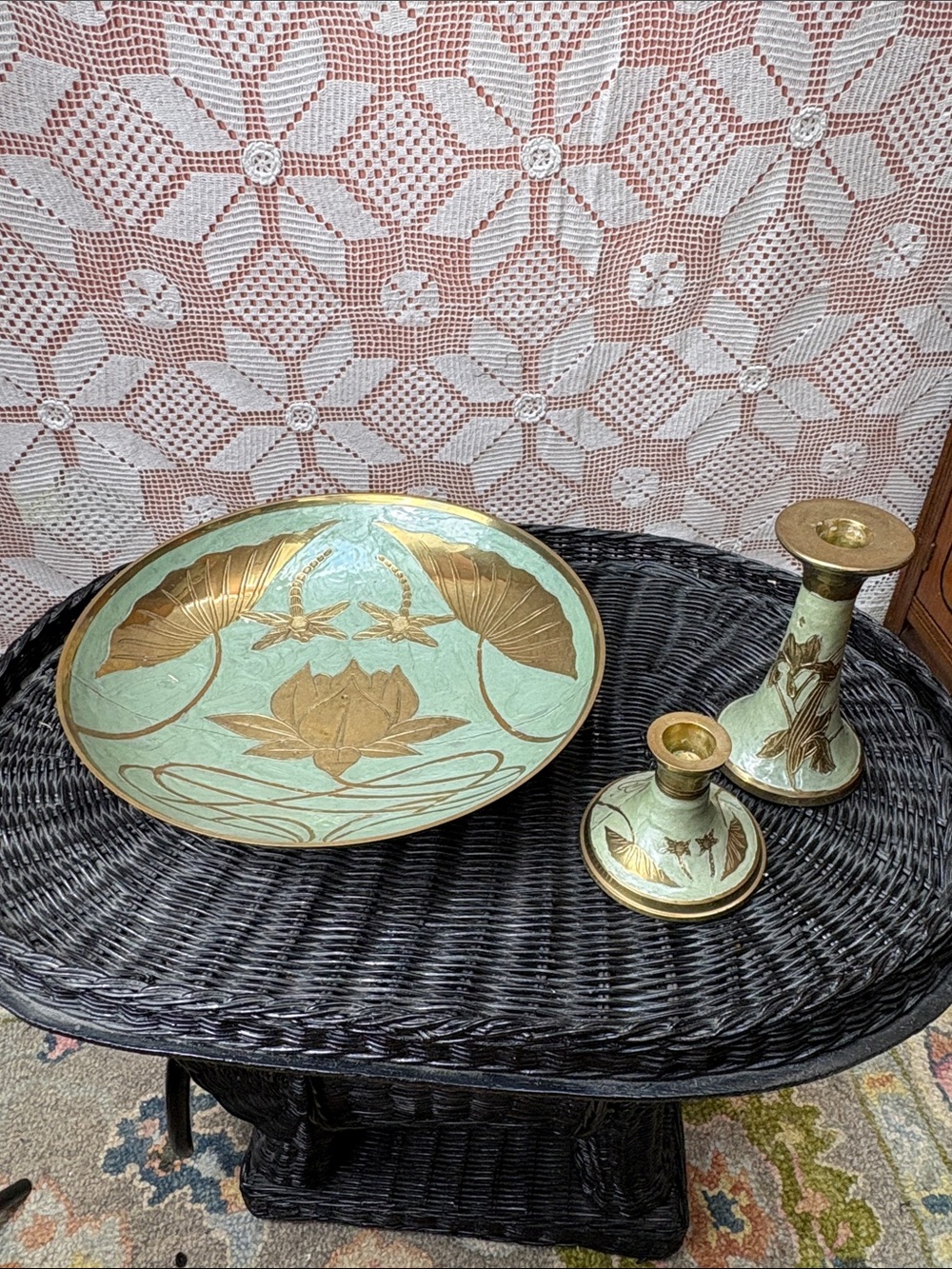 Vintage Brass & Green Enamel Lotus Décor Set – Made in India